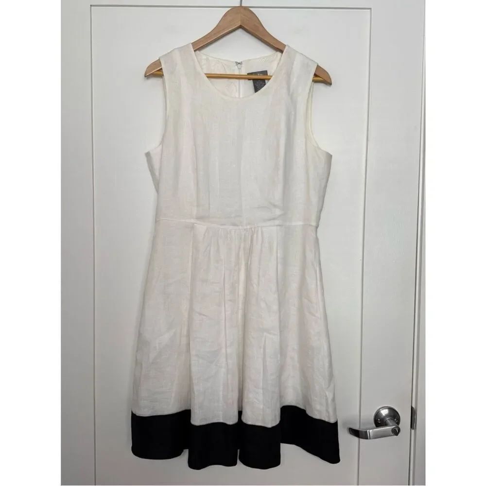 Neiman Marcus A Line Midi Dress Womens Sz M White Black Sleeveless 100% Linen